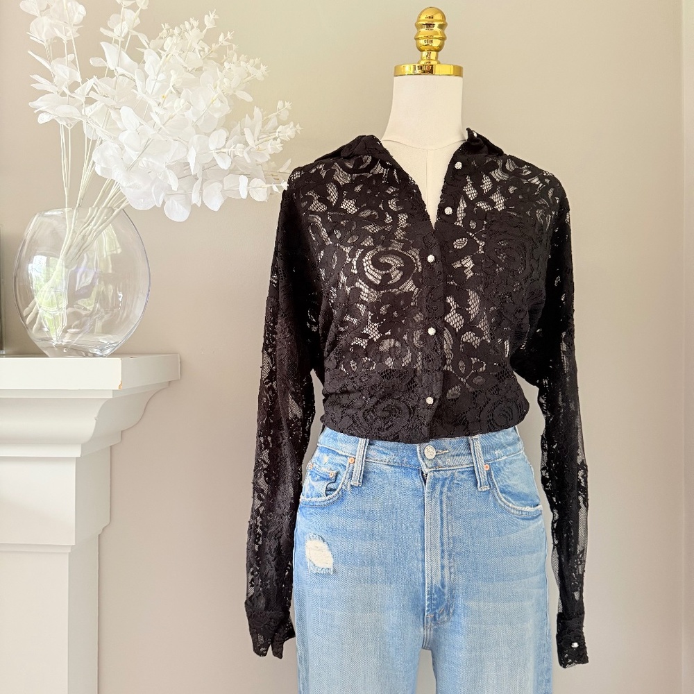 Karen Kane Cotton Lace Blouse in Black, Sz S